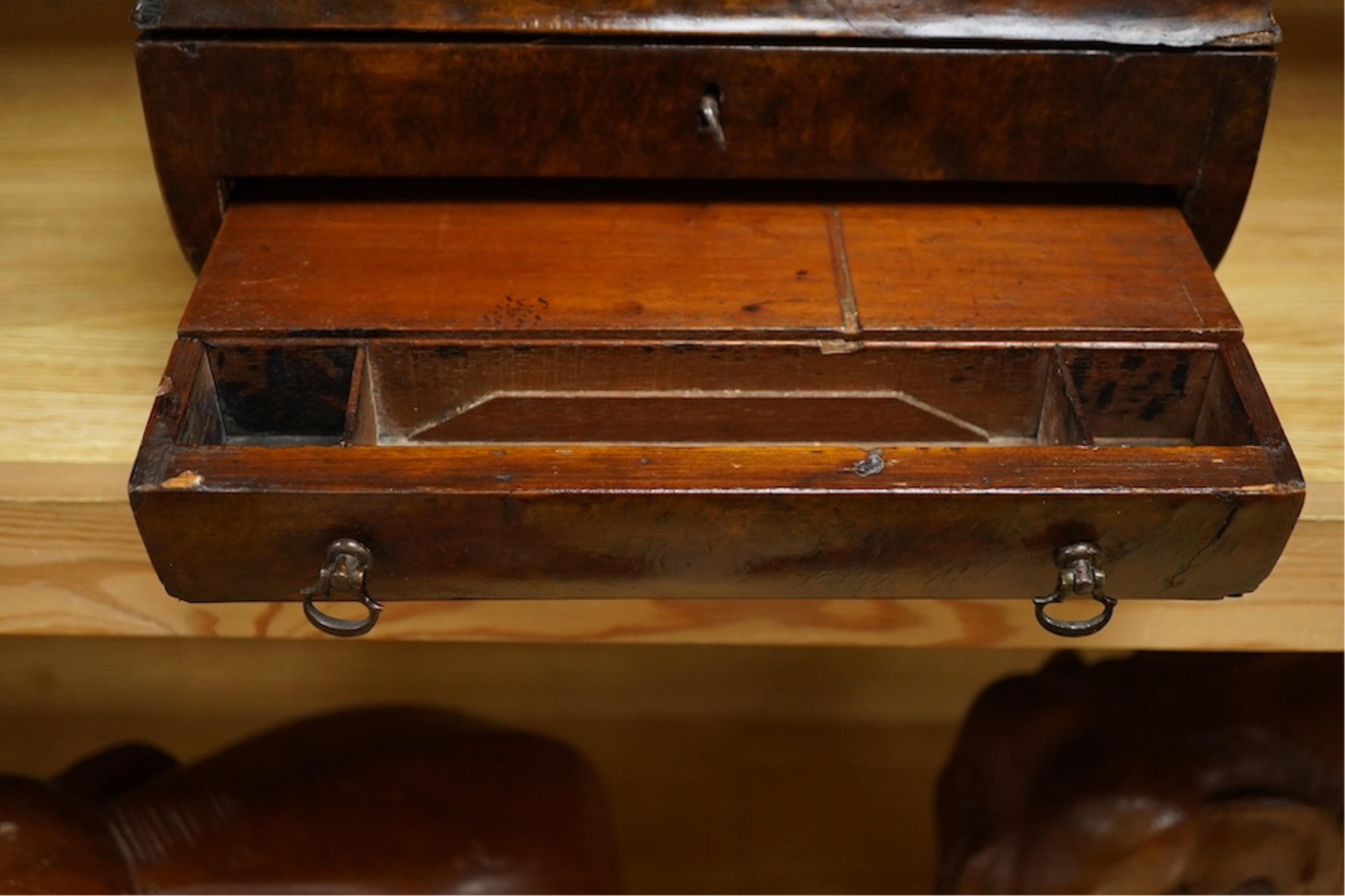 A Victorian burr walnut pagoda’ shaped sewing box incorporating a folding writing slope, 28cm wide. Condition - poor to fair